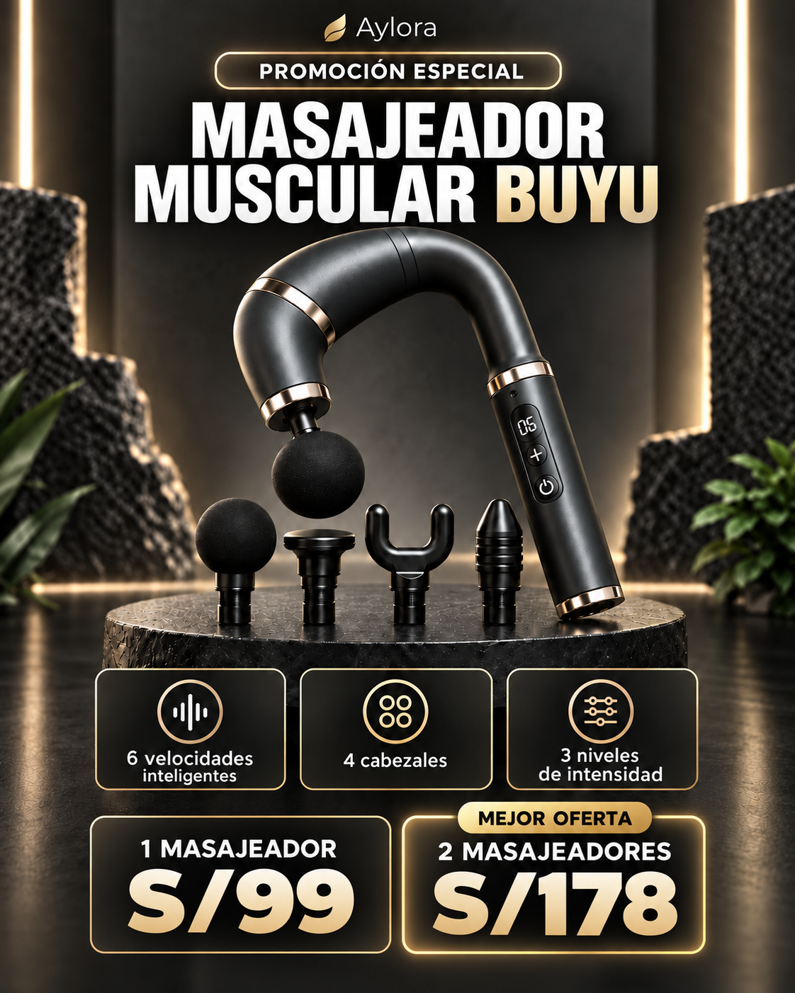 Pistola Masajeadora Muscular Aylora® – Terapia de Percusión con 4 Cabezales